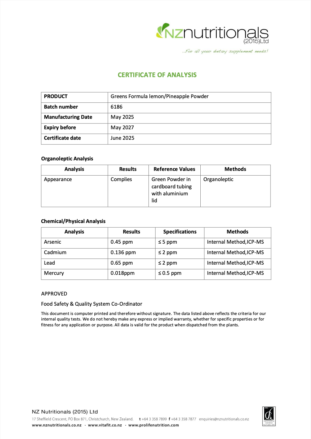 Greens Powder LAB Analysis